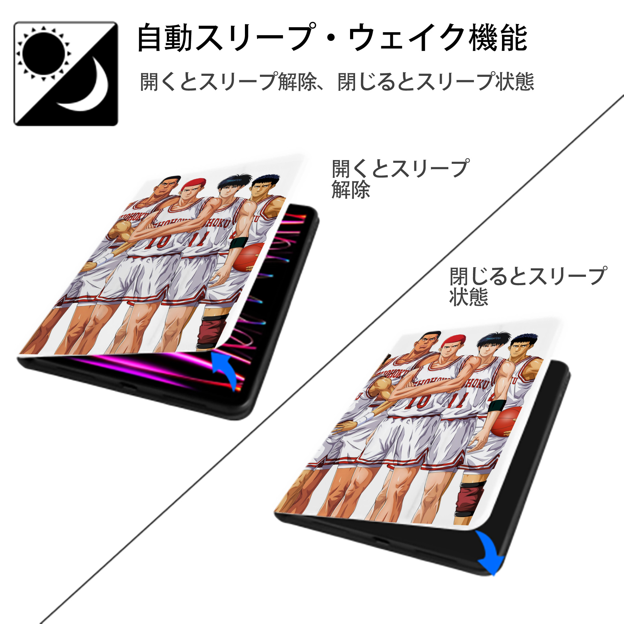 SLAM DUNK／スラムダンク IPad ケース ペン収納付き 三つ折りスタンド PUレザー×シリコン 対応機種9.5/10.5/10.9インチ
