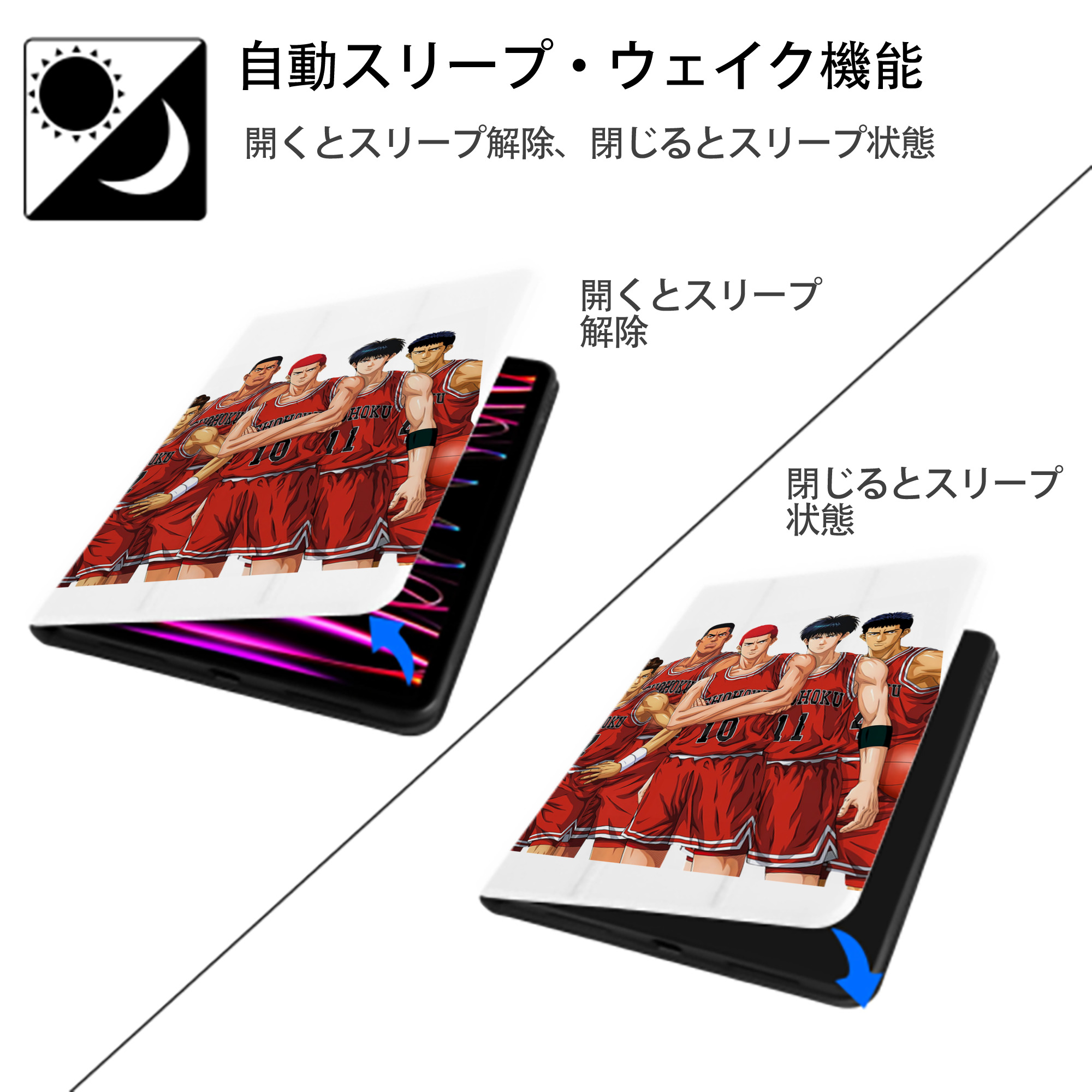 SLAM DUNK／スラムダンク IPad ケース ペン収納付き 三つ折りスタンド PUレザー×シリコン 対応機種9.5/10.5/10.9インチ