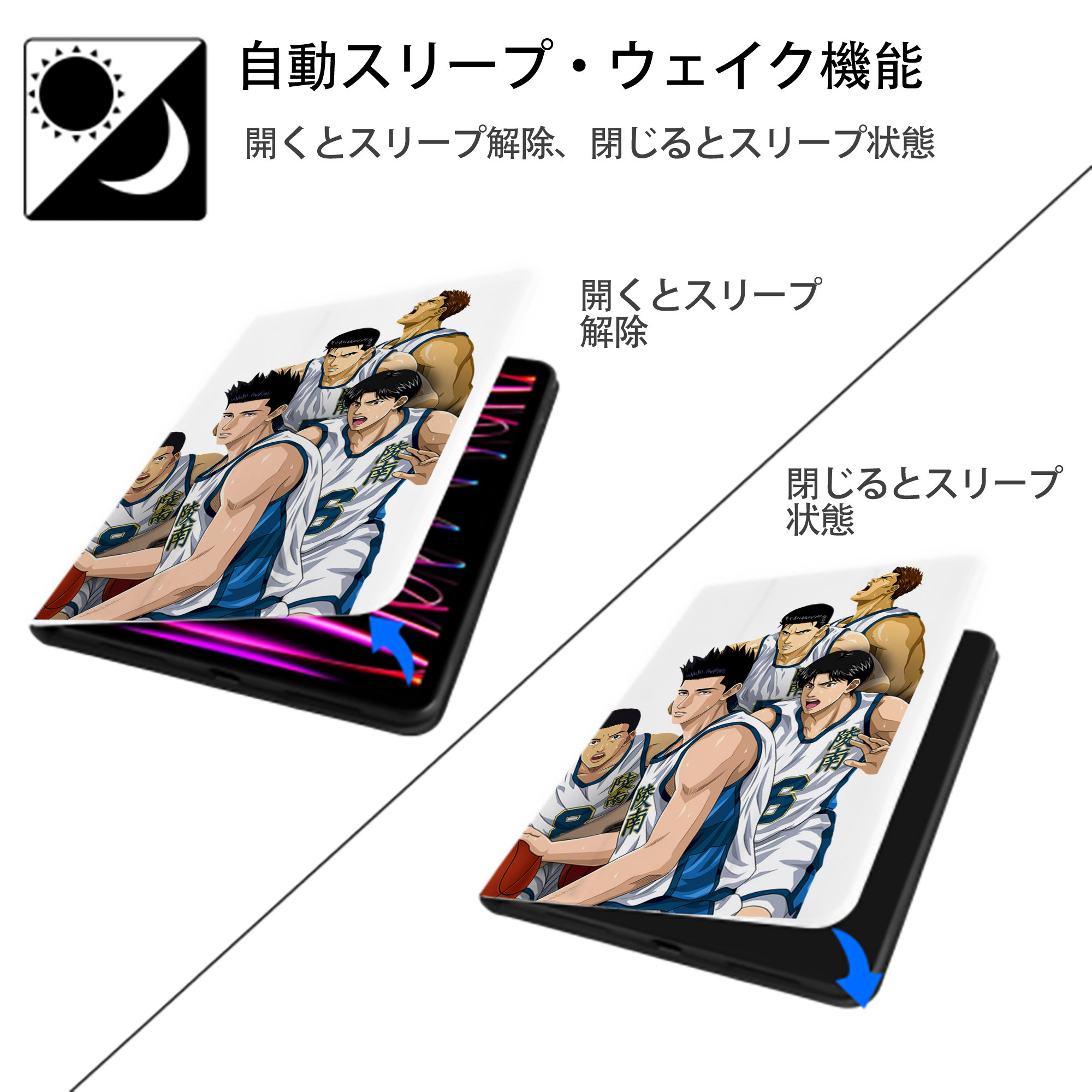 SLAM DUNK／スラムダンク IPad ケース ペン収納付き 三つ折りスタンド PUレザー×シリコン 対応機種9.5/10.5/10.9インチ