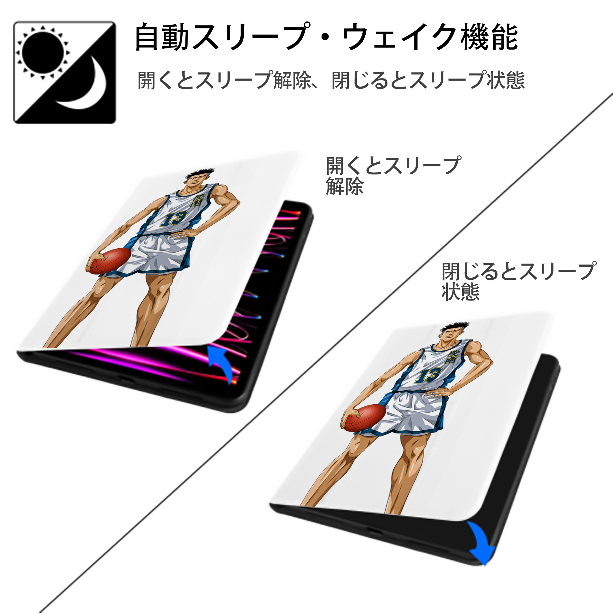 SLAM DUNK／スラムダンク IPad ケース ペン収納付き 三つ折りスタンド PUレザー×シリコン 対応機種9.5/10.5/10.9インチ