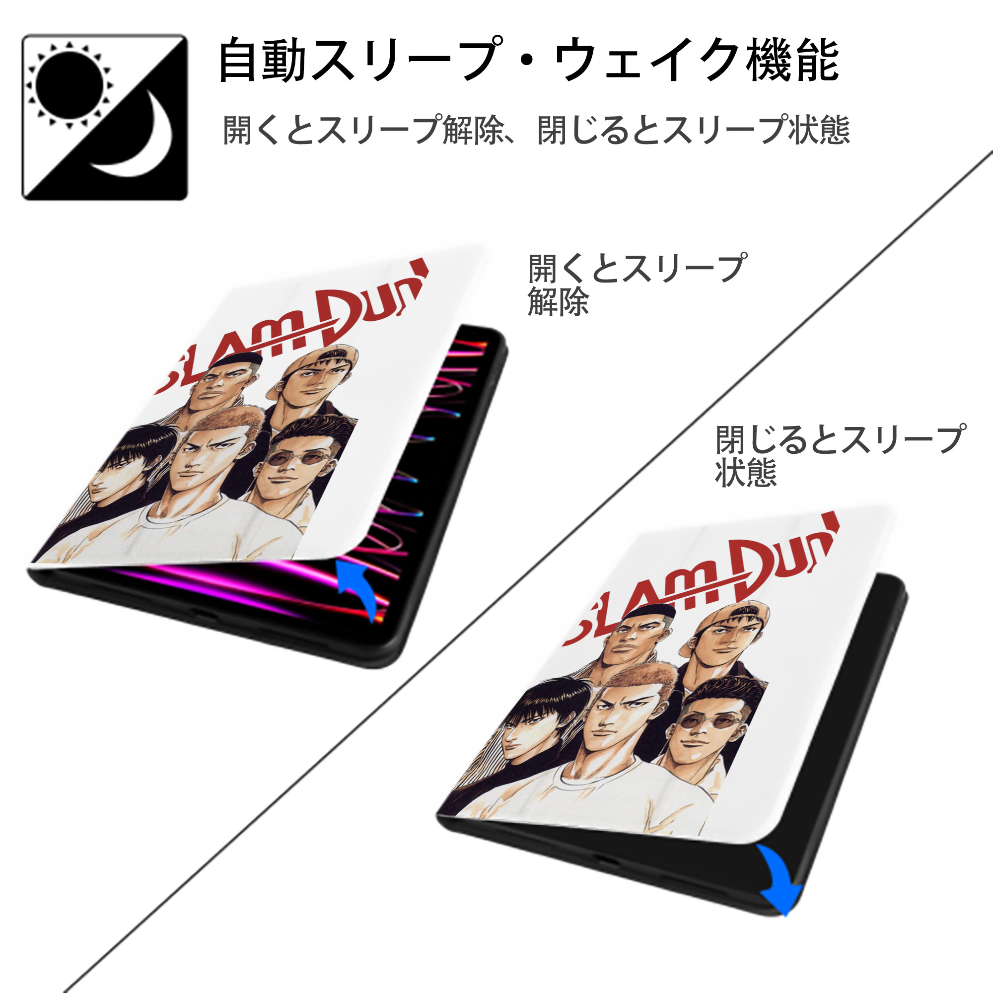 SLAM DUNK／スラムダンク IPad ケース ペン収納付き 三つ折りスタンド PUレザー×シリコン 対応機種9.5/10.5/10.9インチ